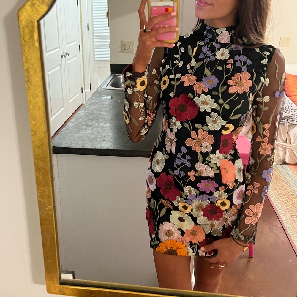 Floral long sleeve high neck mini dress